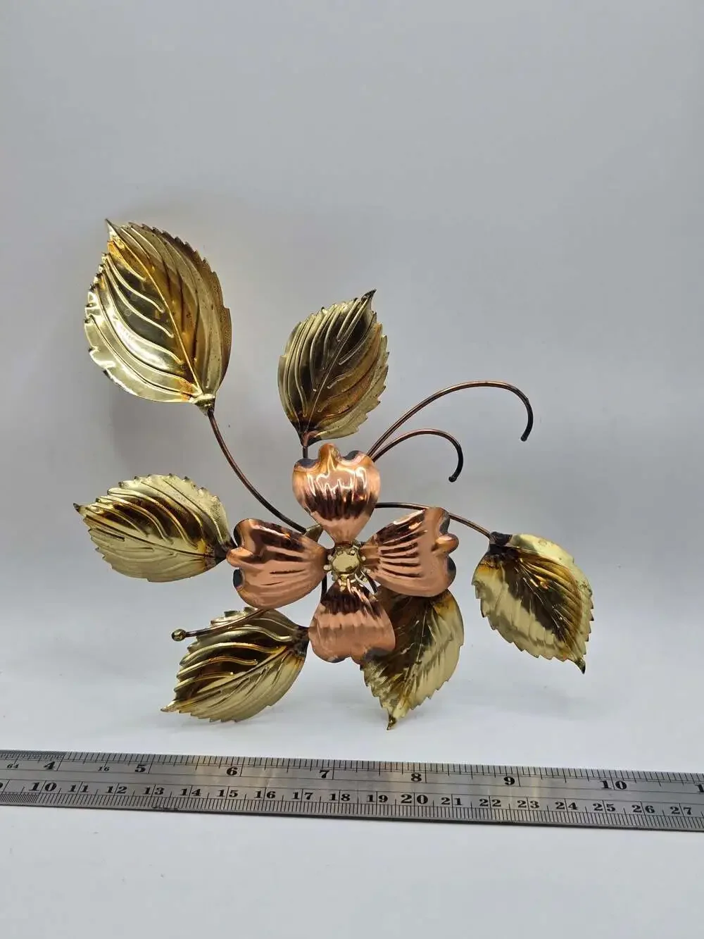 Vintage Mid-Century Modern Mixed Metal Brass and Copper Floral Wall Art Set